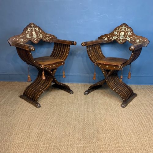 A Pair of Milanese Walnut and Bone Inlaid Savonarola Chairs Circa 1870