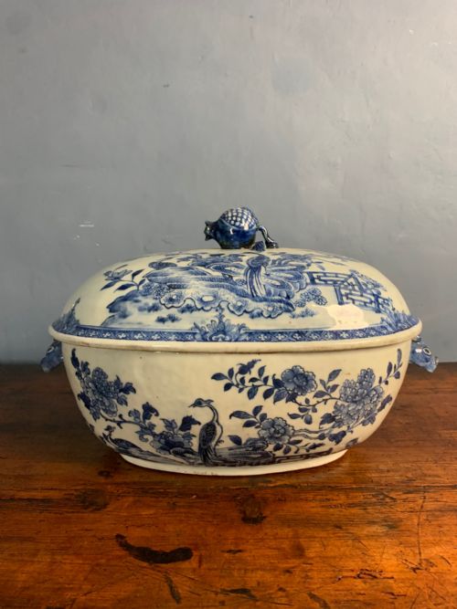 A Late 18th Century Qianlong Oval Blue and White Tureen and Cover