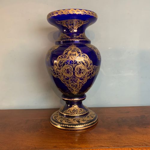 A Large Late 19th C Bohemian Blue Glass Vase with All Over Hand Gilding