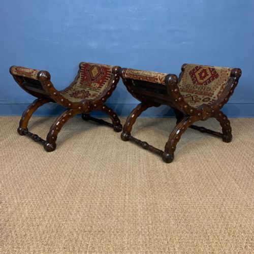 A Pair of Gothic Reform X-frame Oak Stools Circa 1870