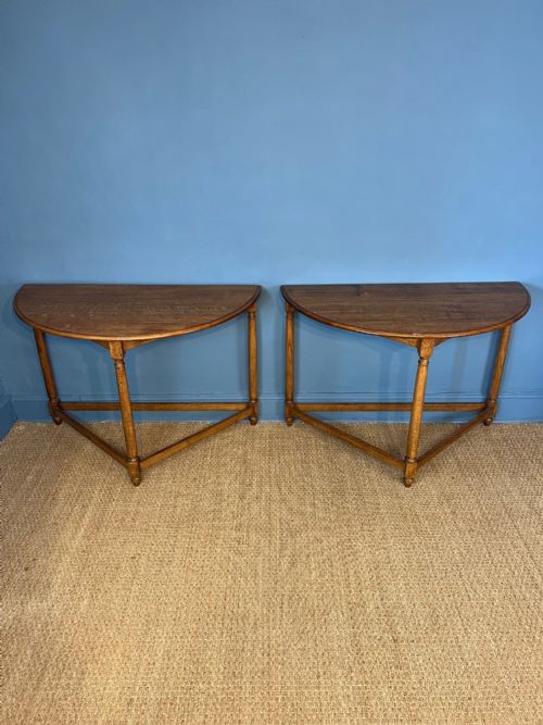 A Pair of Golden Oak Demi-lune Side Tables Circa 1920,
