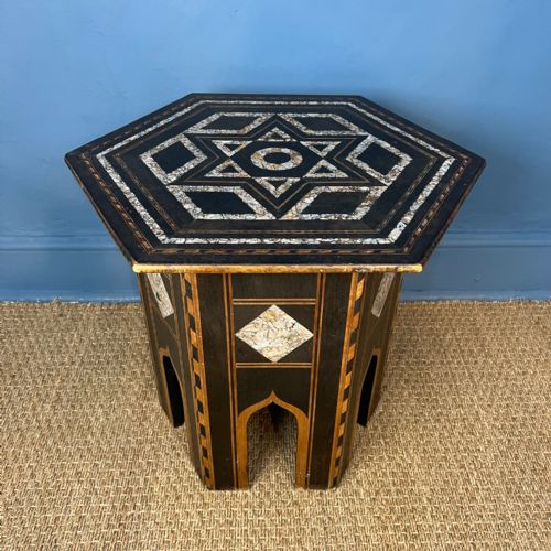 A Late 19th C Syrian Inlaid Mother of Pearl Ebony and Boxwood Hexagonal Table Circa 1890.