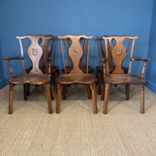 A Set of 6 19th C Oak Armorial Hall Chairs Circa 1890