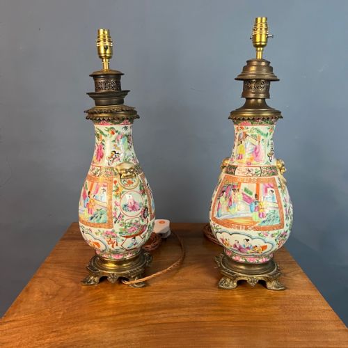 A Pair of 19th C Gilt Brass Mounted Cantonese Vases Circa 1880