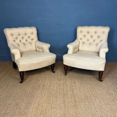 A Pair of Victorian Walnut Button Back Armchairs Circa 1880