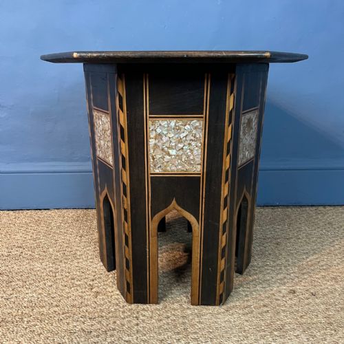A Syrian Mother of Pearl Ebonised and Boxwood Hexagonal Table, Damascus Circa 1900.
