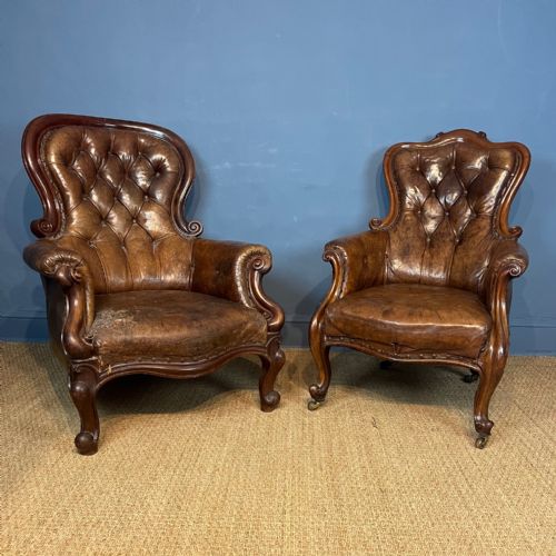 A Matched Pair of 19th Century Mahogany and Leather Library Armchairs Circa 1870