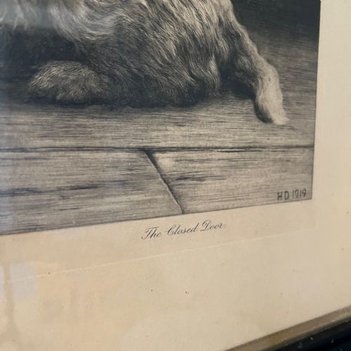 fig 2. Herbert Dicksee. An early 20th c dry point etching of a Dog entitled The Closed Door