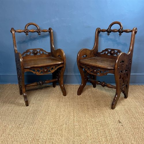 An Unusual Pair of Mid 19th Century Oak Hall Chairs