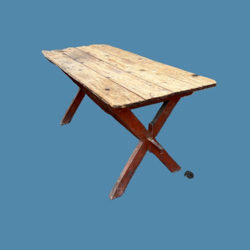 A MID 19TH CENTURY WELSH PINE X FRAME TAVERN TABLE CIRCA 1860 THE BASE WITH THE ORIGINAL RED PAINT - ADDITIONAL PHOTO 1
