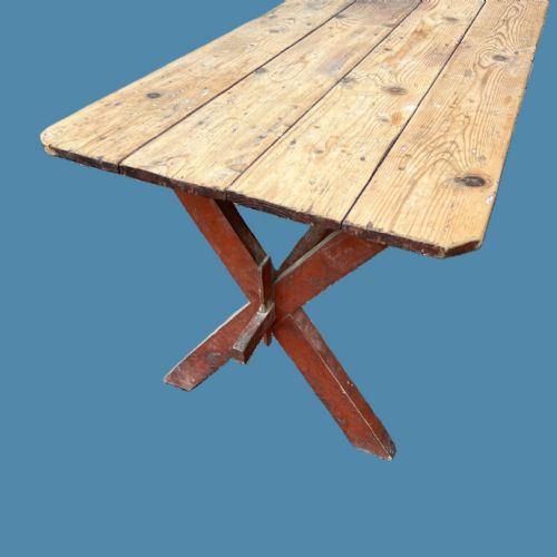 A MID 19TH CENTURY WELSH PINE X FRAME TAVERN TABLE CIRCA 1860 THE BASE WITH THE ORIGINAL RED PAINT - ADDITIONAL PHOTO 3