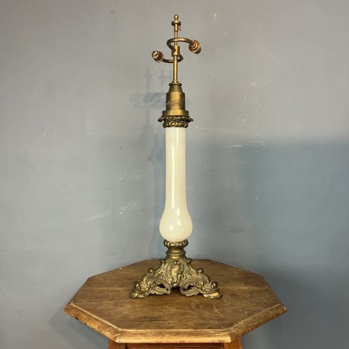 A LARGE VICTORIAN OPALINE AND GILT BRASS LAMP STAMPED MC GARYS PATENT CIRCA 1850