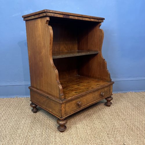 A 19TH C BURR WALNUT LOW OPEN BOOKCASE OR BEDSIDE CABINET