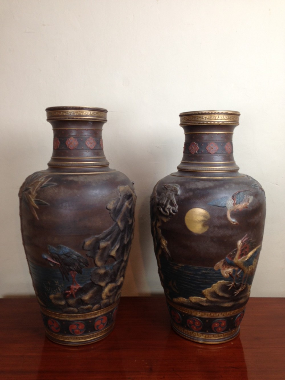 A large pair of Mettlach Aesthetic Movement Vases c 1890