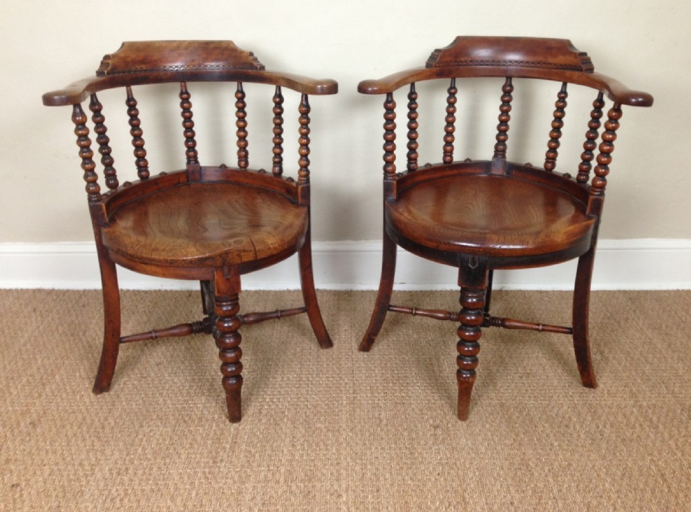 A pair of Victorian fruitwood and ash bobbin chairs c 1880