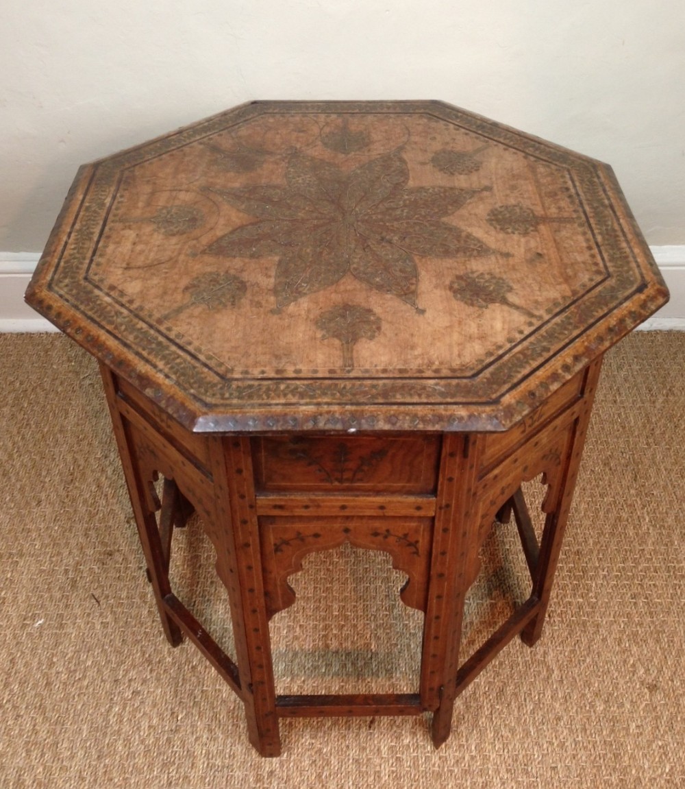 A large Hoshiapur brass inlaid octagonal table c 1890