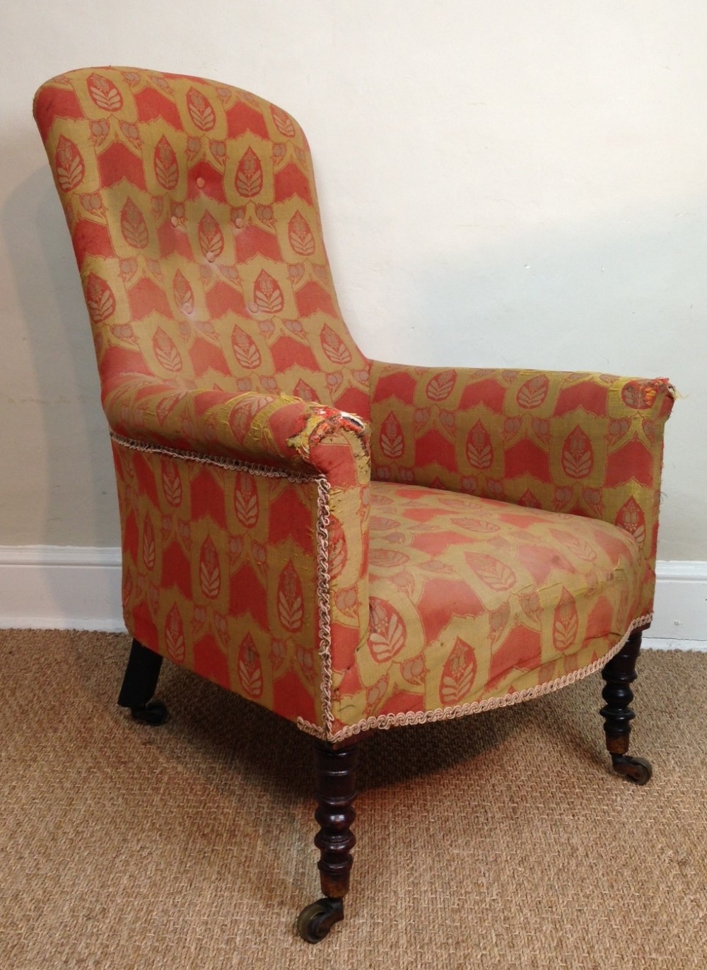 A Victorian spoon back chair with old Arts and Crafts fabric c 1850