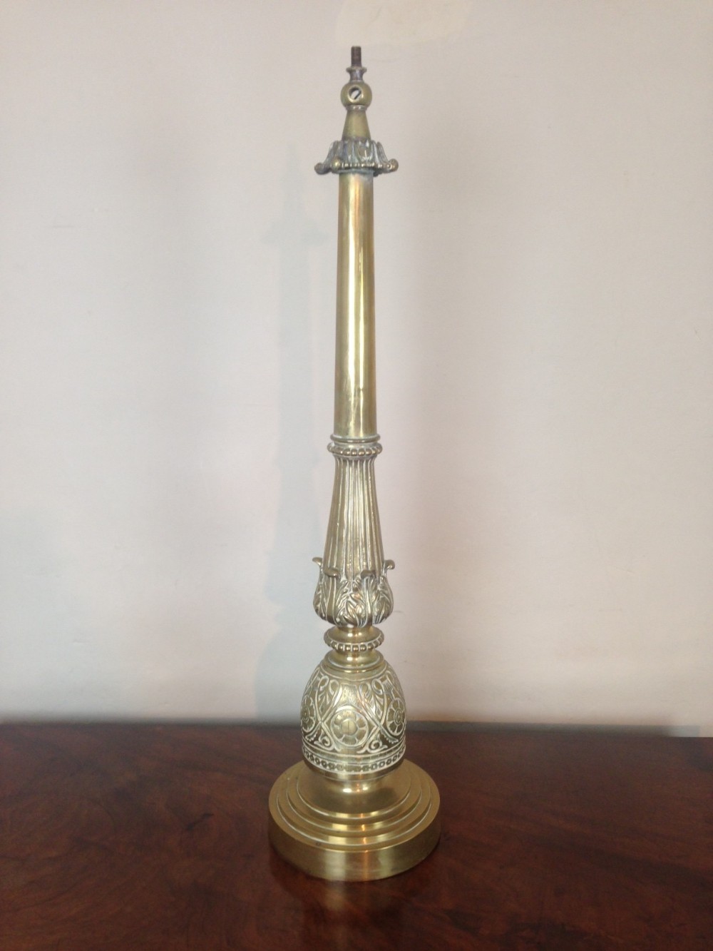 A large Aesthetic Movement brass lamp attrib to Christopher Dresser c 1880