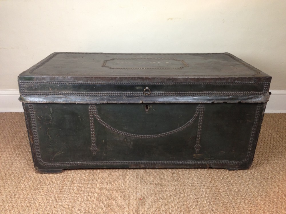 A large late Georgian green leather and camphor trunk c 1820