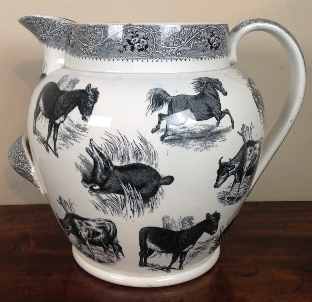 A large and rare Staffordshire transfer painted jug c 1850