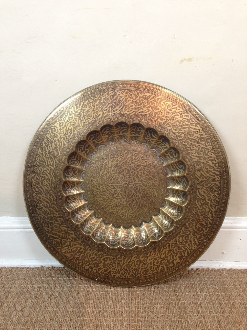 A large Kashmiri brass tray . Northern India c 1900