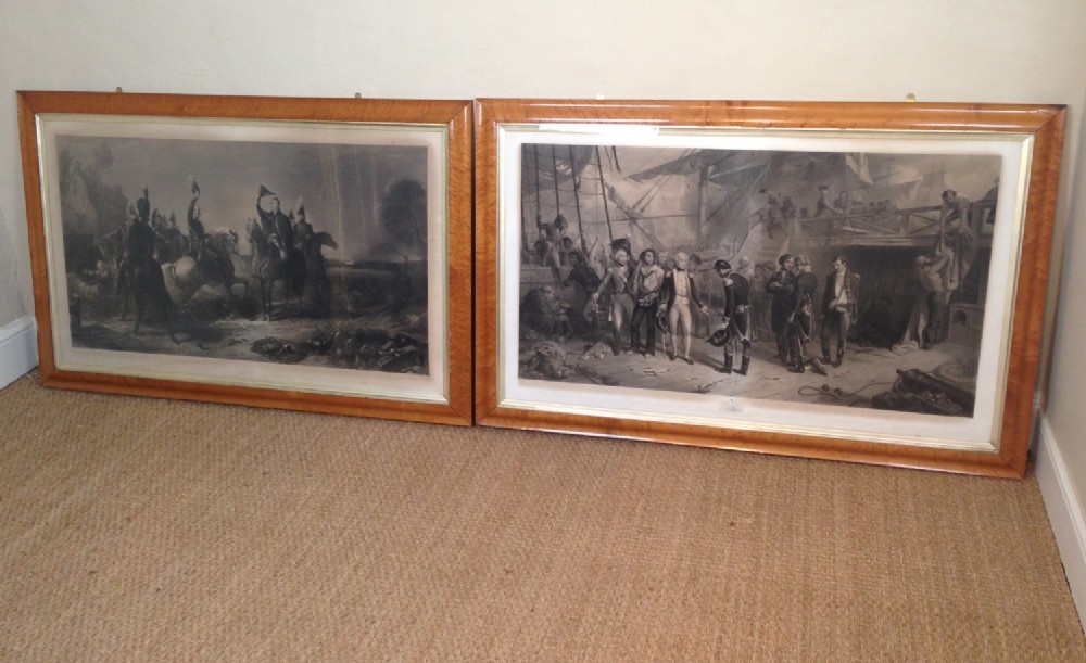 A large pair of mid 19th c Maple framed prints of Waterloo and Trafalgar
