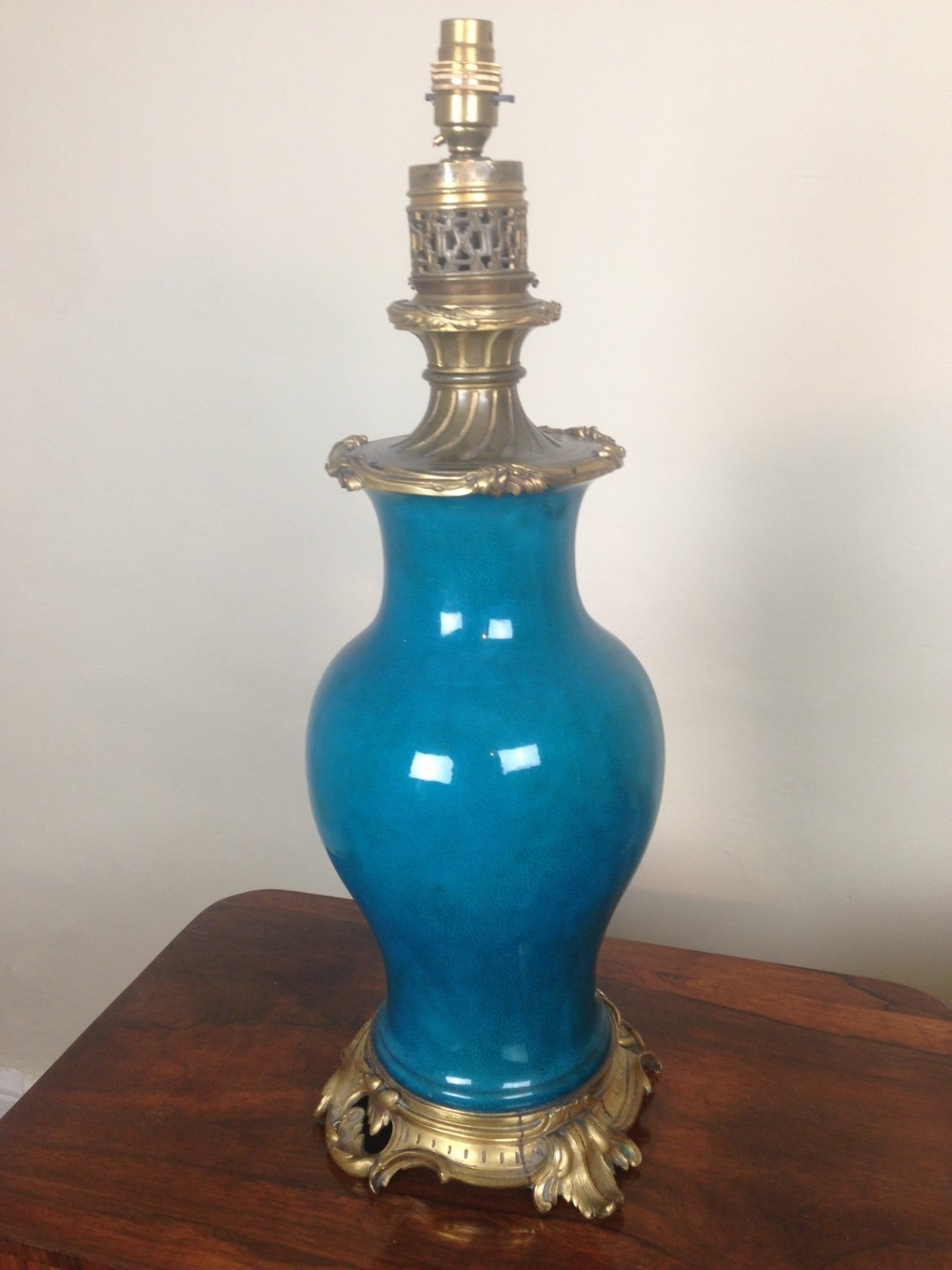 A large Chinese turquoise glazed ormolu mounted porcelain vase lamp c 1890