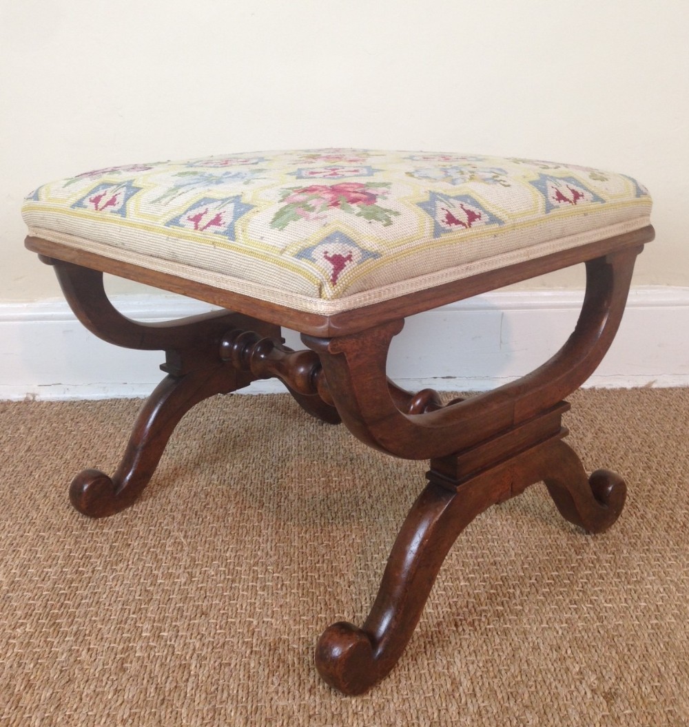 An early Victorian rosewood x frame stool c 1840