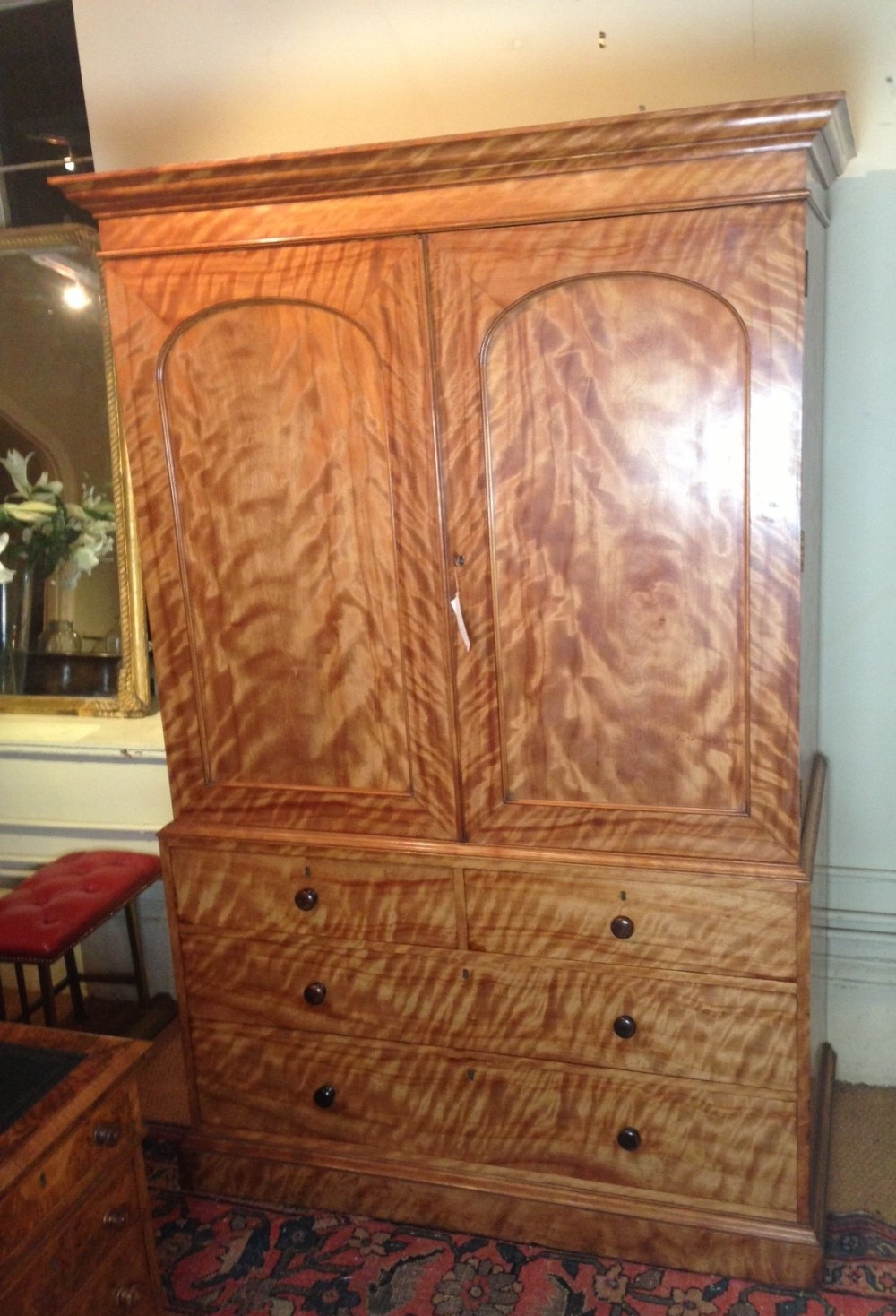 A Gillows of Lancaster Satin birch Linen Press c 1860