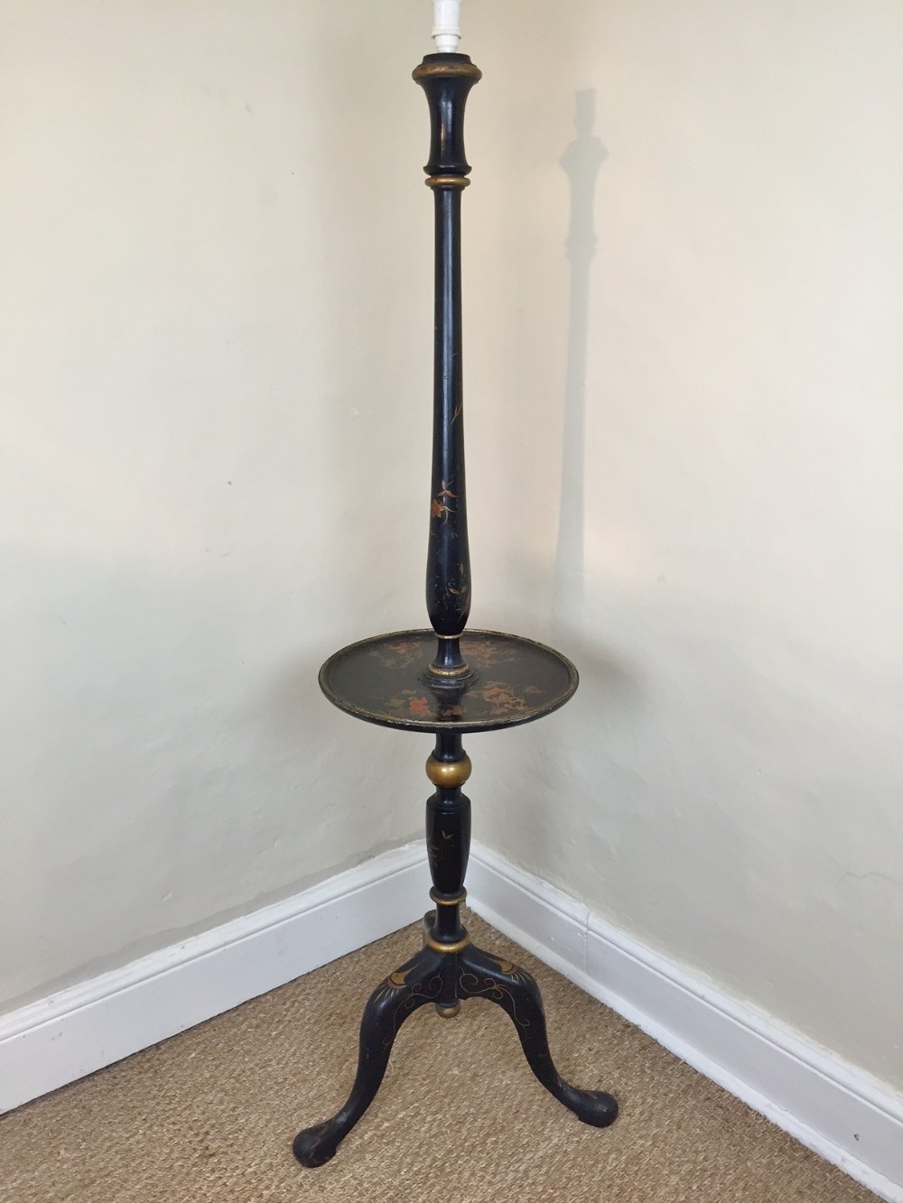 A 1920` lacquered standard lamp with all over Chinoiserie decoration.