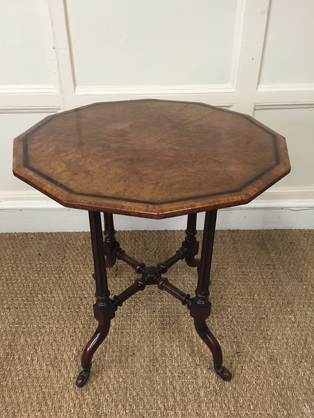 A Victorian burr walnut octagonal table attrib to Gillows c 1880