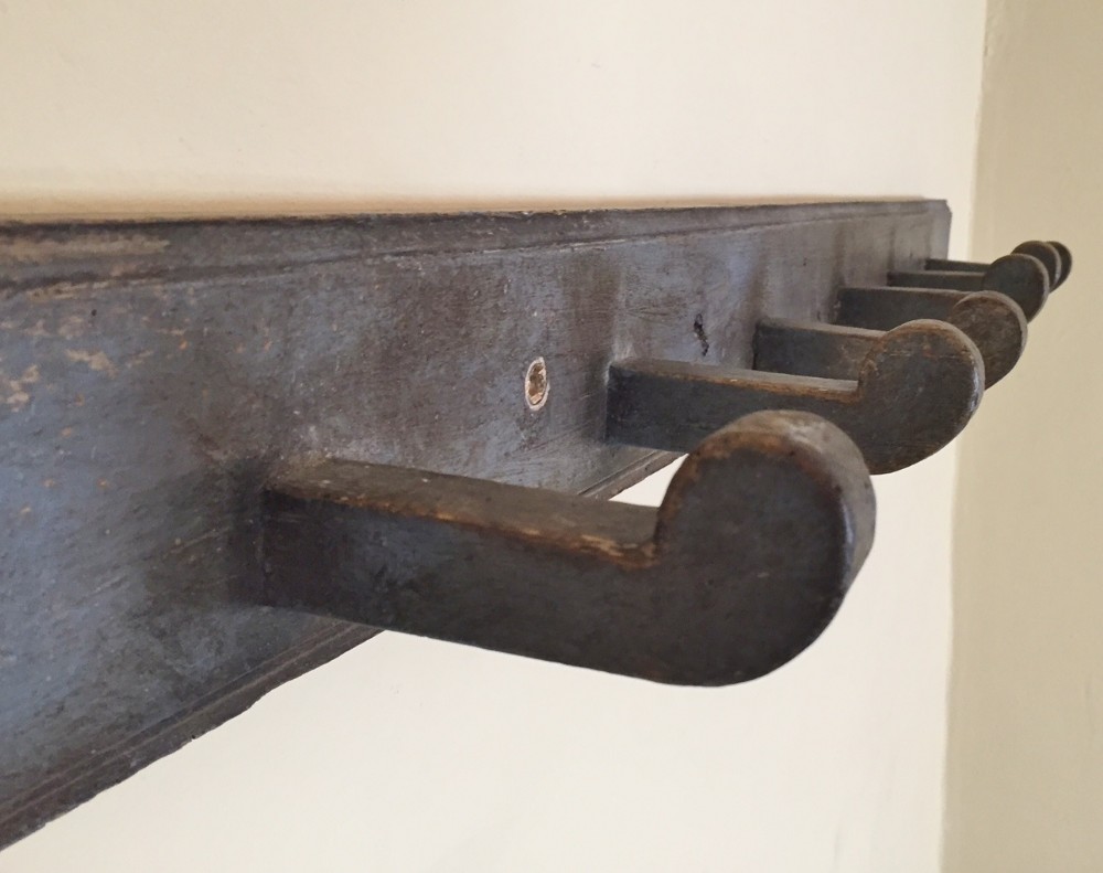 A good late 19th c Country House blue painted pine coat or hat rack