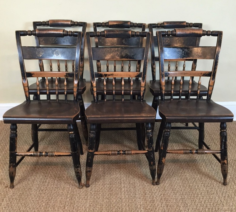 A set of six mid 19th c American painted Windsor chairs 