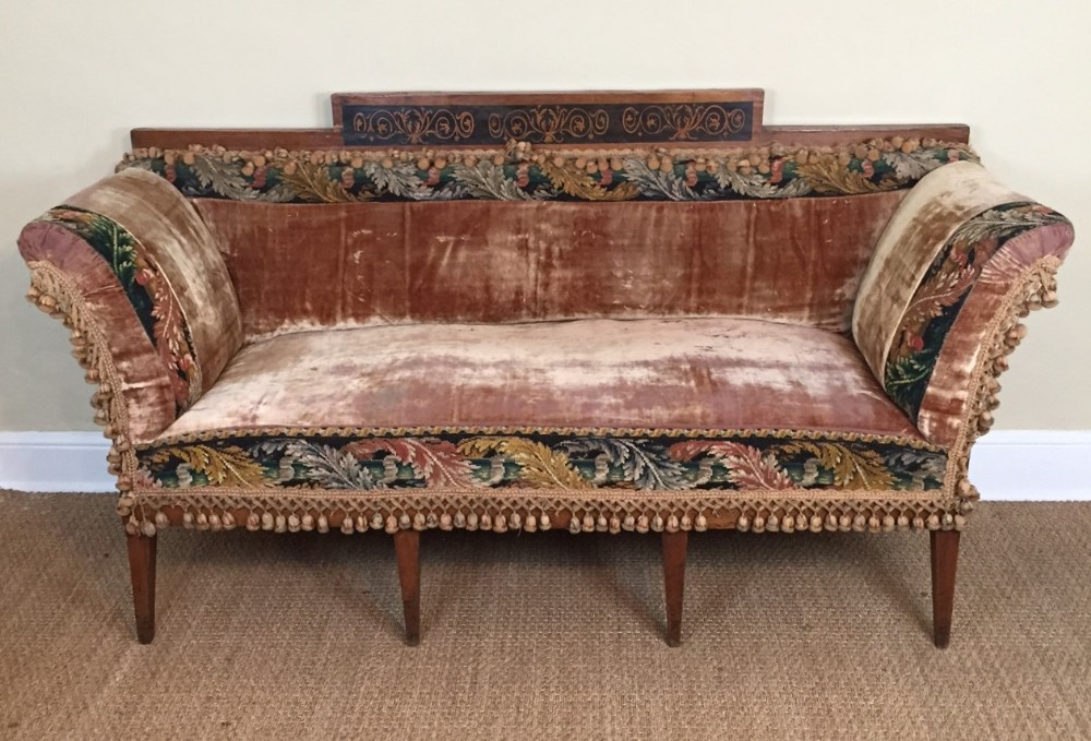 A Dutch marquetry sofa 1880 upholstered in wonderful old original crushed velvet 