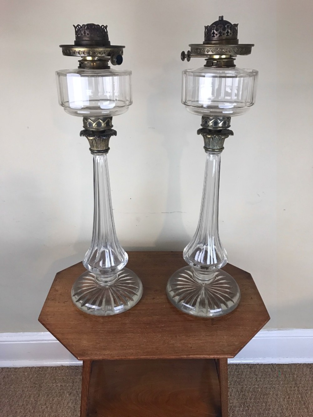 A very large pair of Victorian glass oil lamps circa 1890 