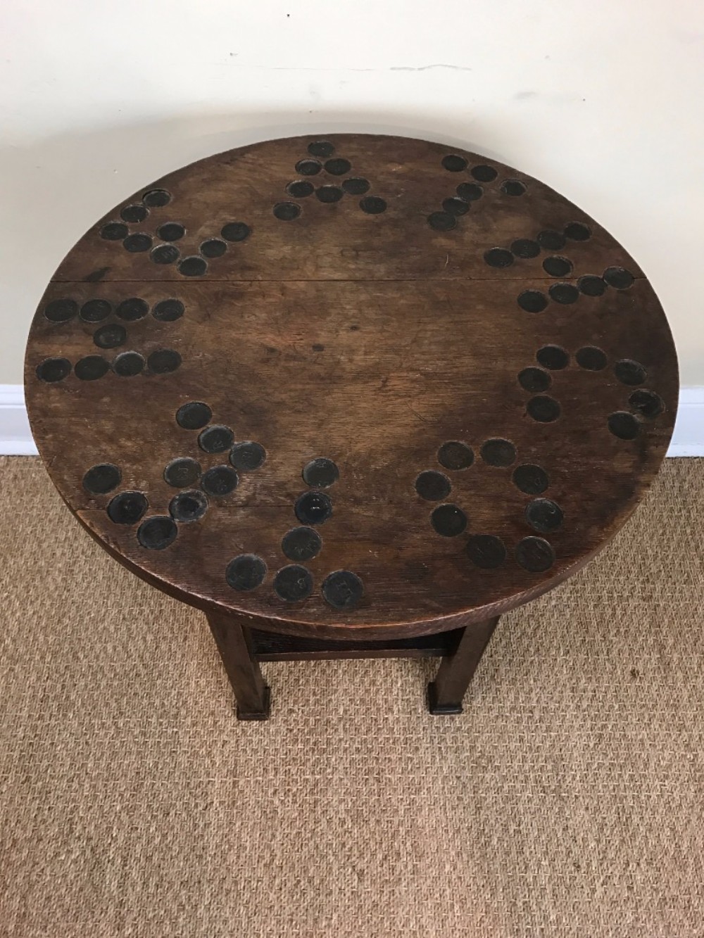 And unusual Edwardian oak circular pub table circa 1905.