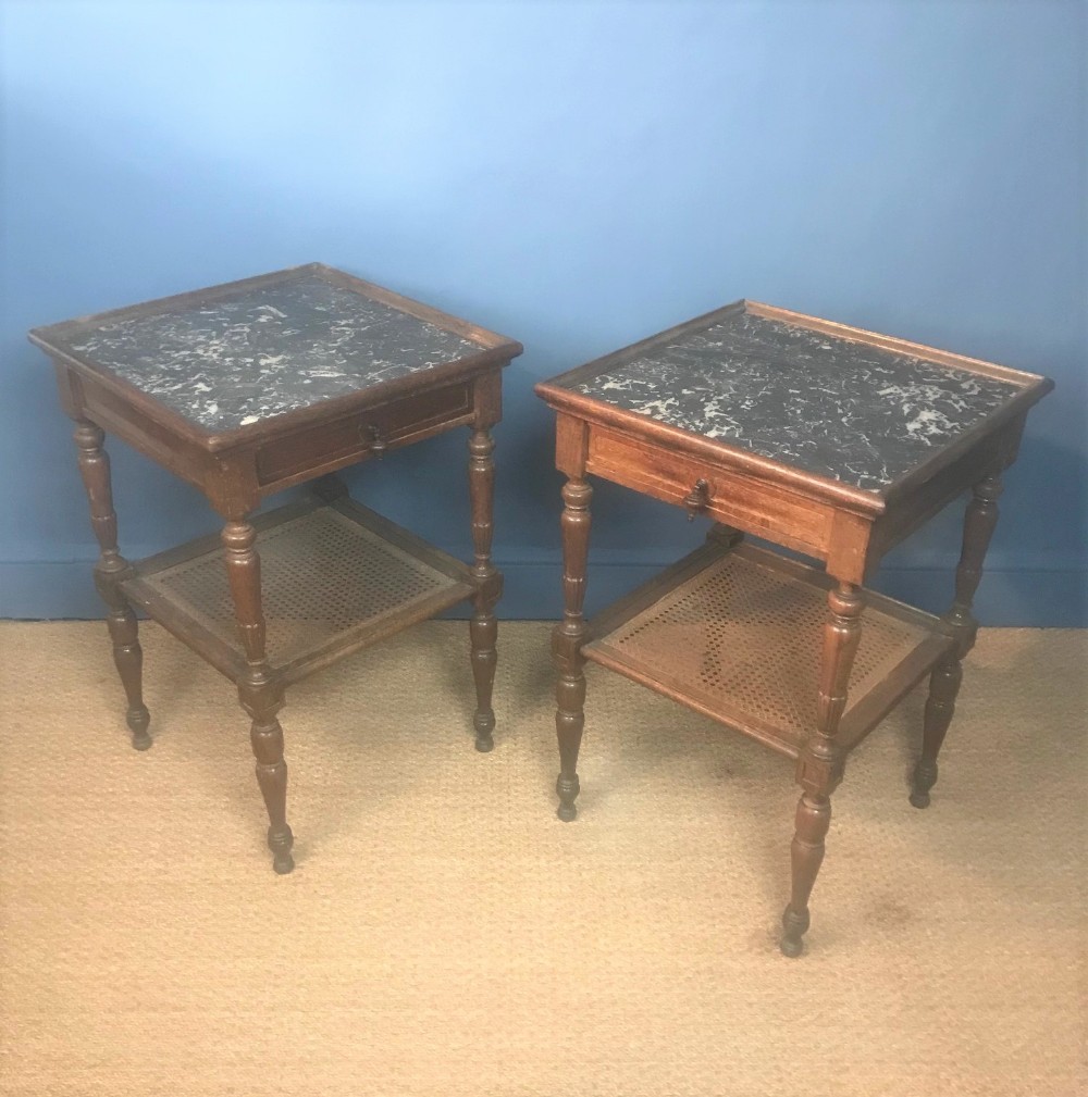 A pair of large late 19th c French oak and marble bedside tables circa 1890