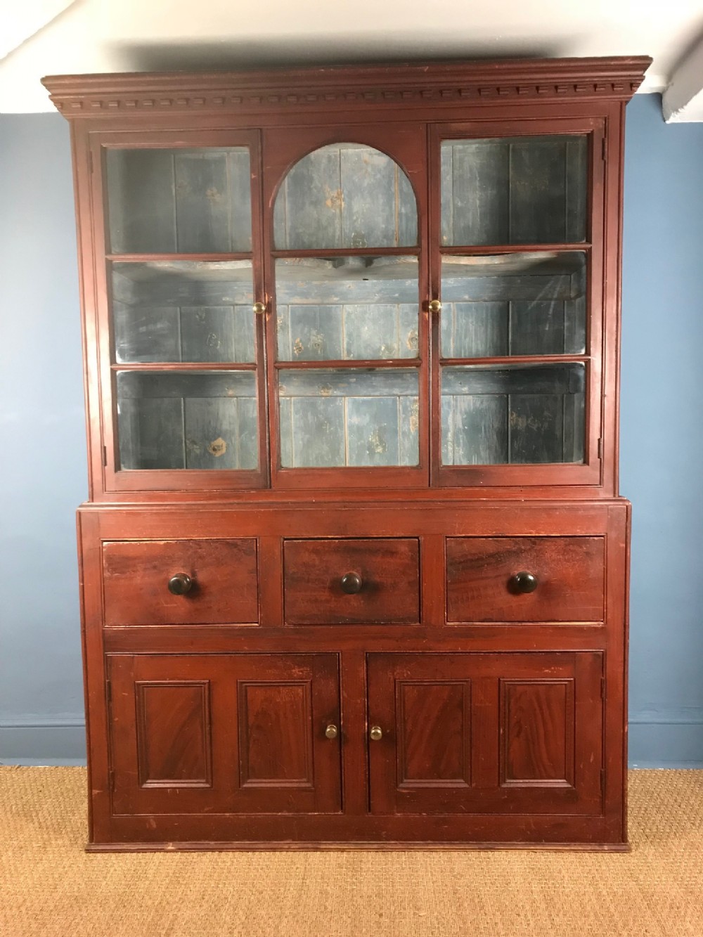 A mid 19th c Devon painted pine glazed kitchen dresser c 1860