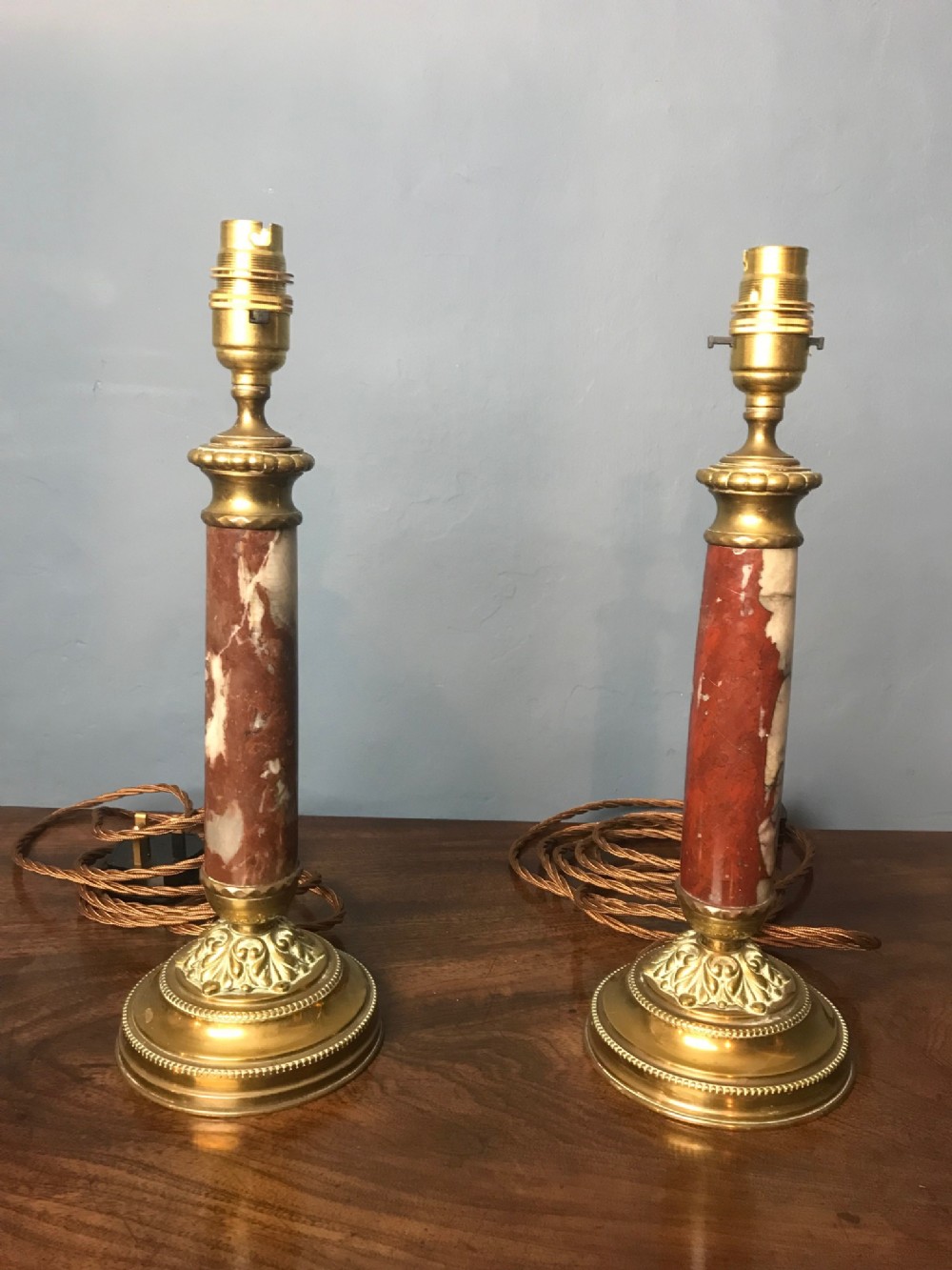 A pair of Cornish Serpentine marble table lamps circa 1900