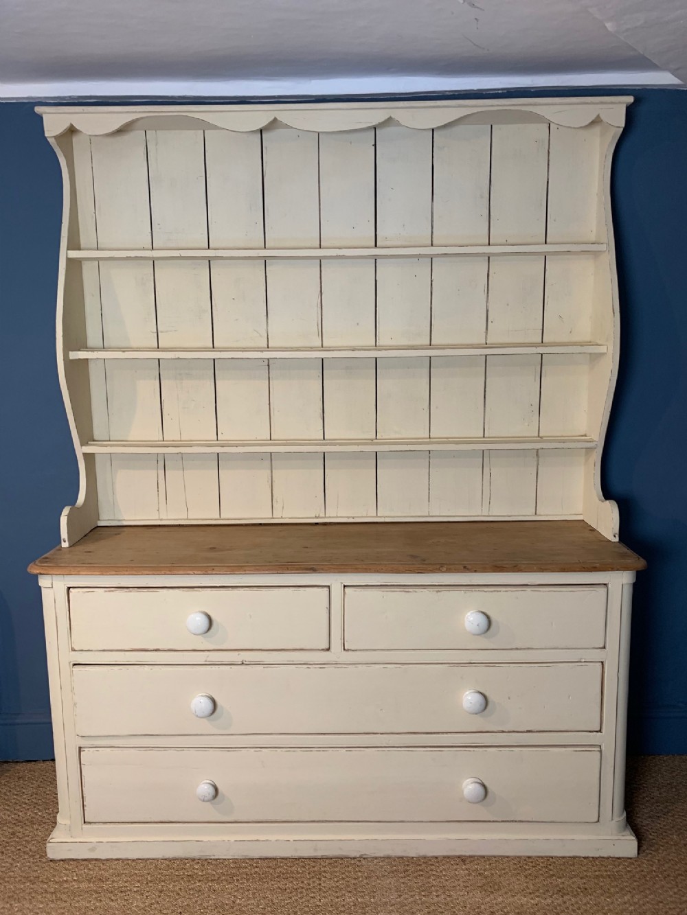 A Cornish painted pine Penzance dresser c 1840.