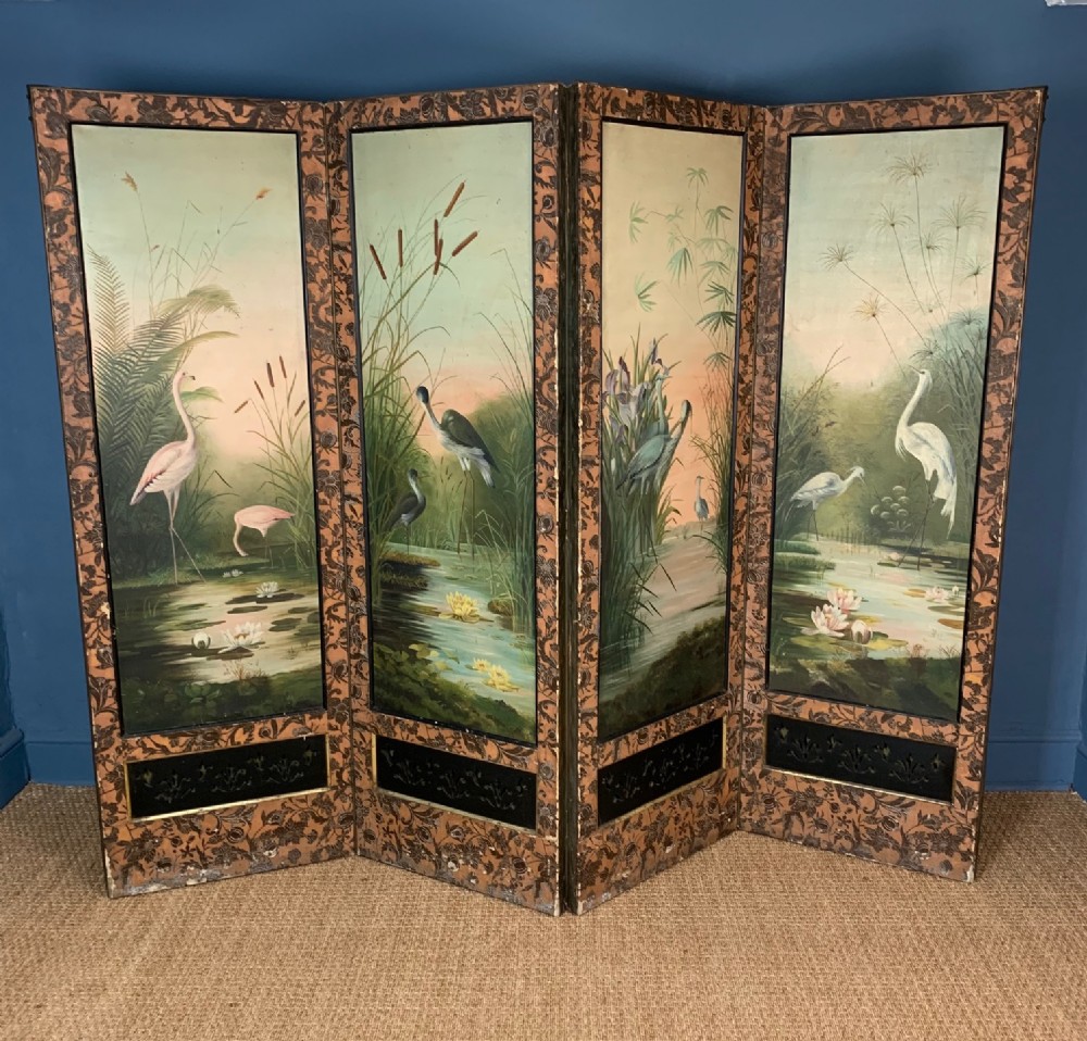An Aesthetic Movement screen c 1890 painted with large exotic water birds in the style of Henry Stacy Marks 
