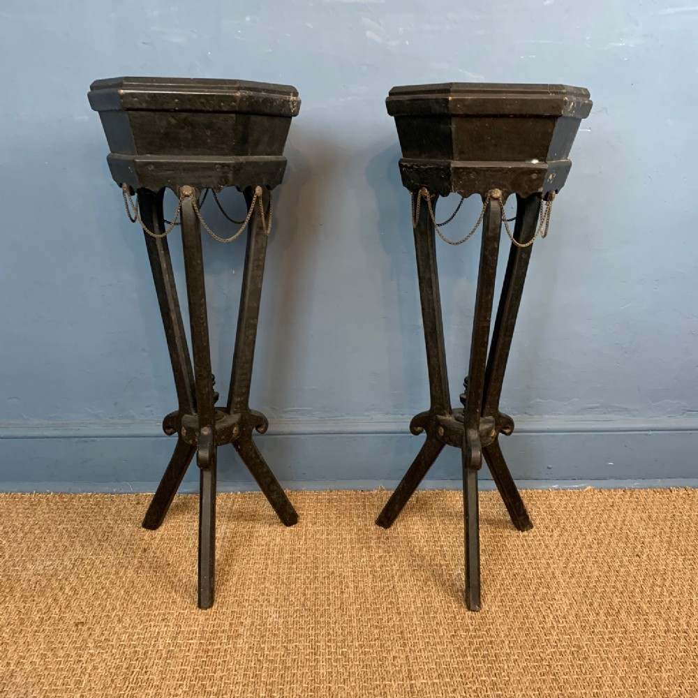A pair of late Victorian hexagonal ebonised jardinieres circa 1890.