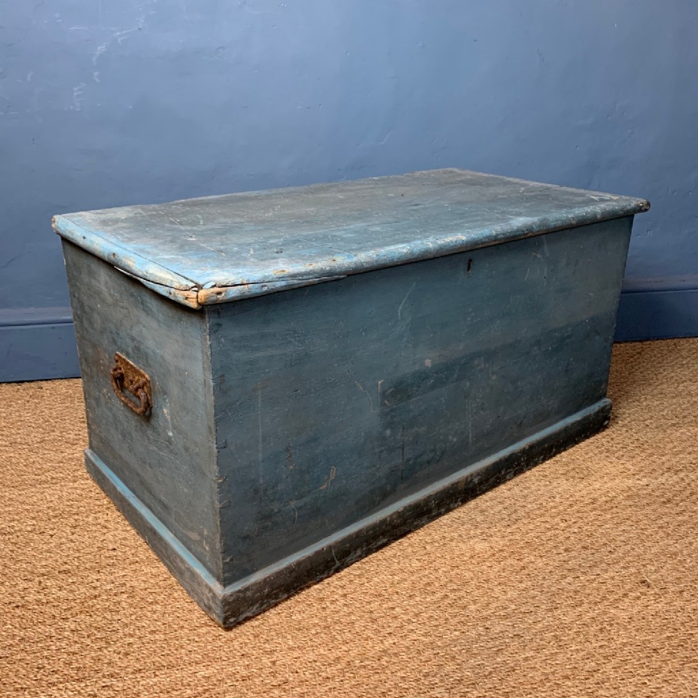 A Victorian pine West Country painted box c 1880 in the original duck egg blue paint.