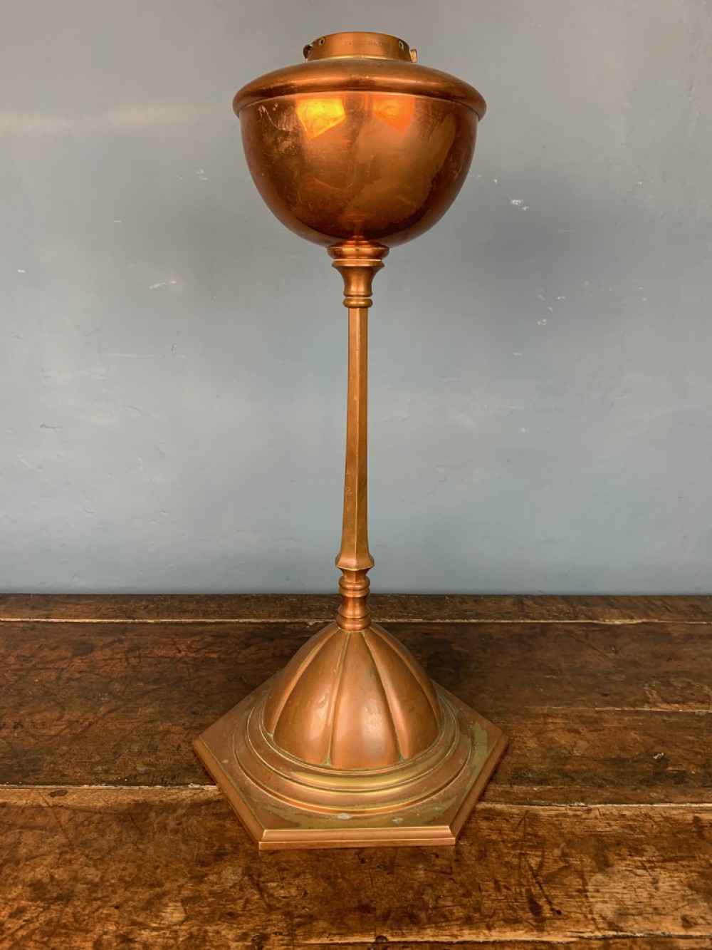 A W.A.S Benson anodised brass and copper hexagonal table lamp circa 1899