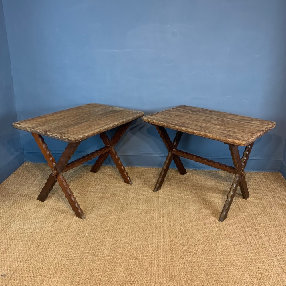A rare pair of West Country iroko X frame tavern tables circa 1890 