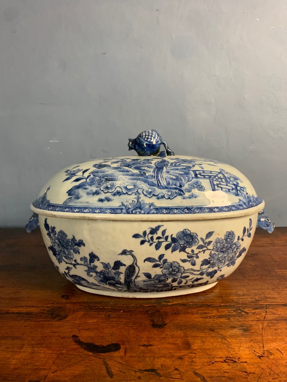 A late 18th Century Qianlong oval blue and white tureen and cover