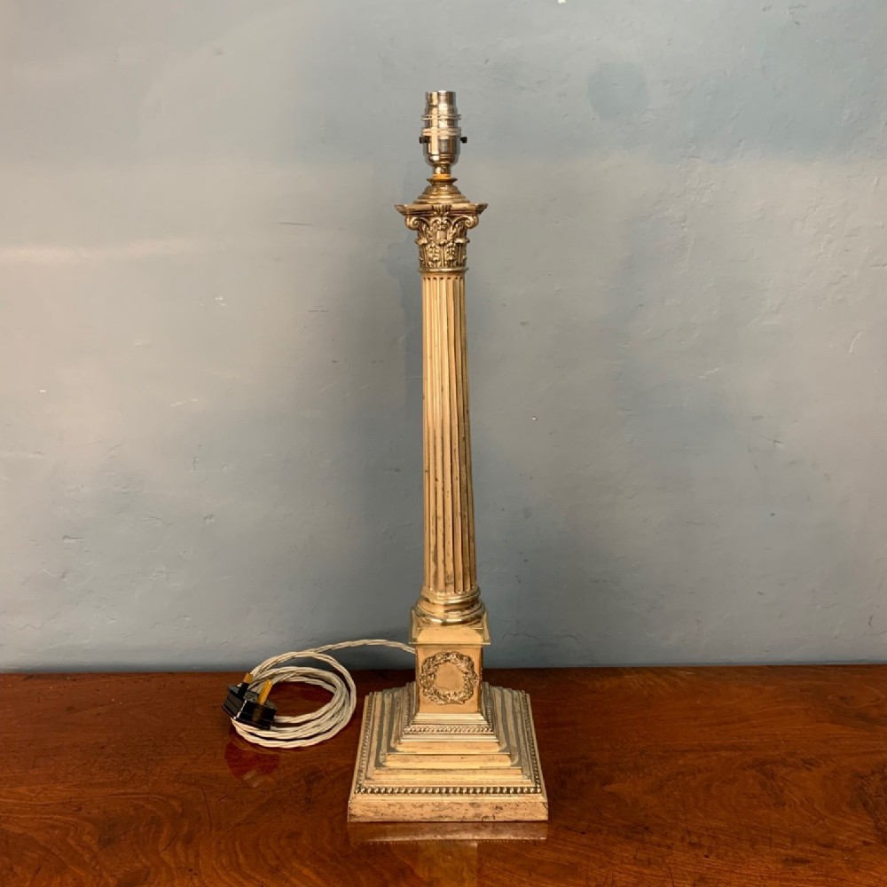 A large Victorian silver-plated Corinthian column lamp circa 1900