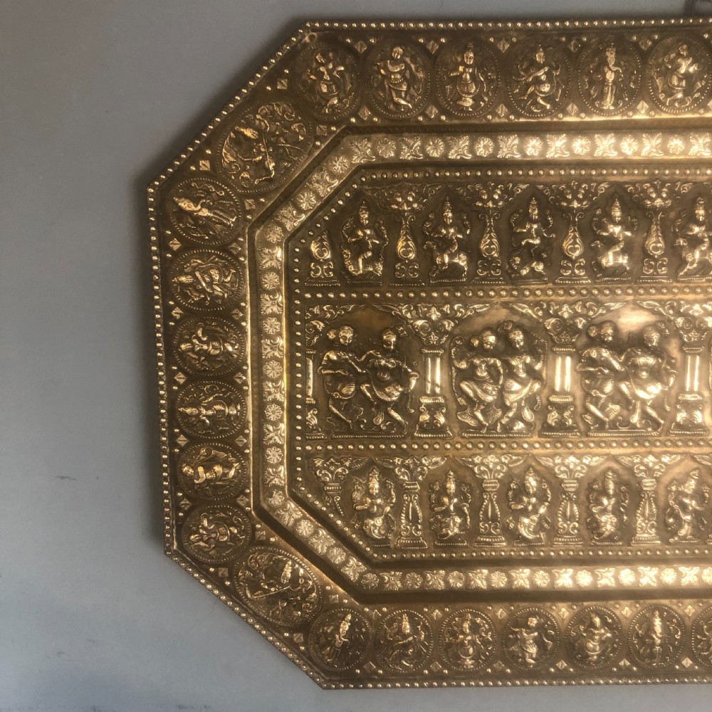 A fine quality southern Indian cast brass and silver inlaid tray depicting scenes of Hindu deities, circa 1890 View III