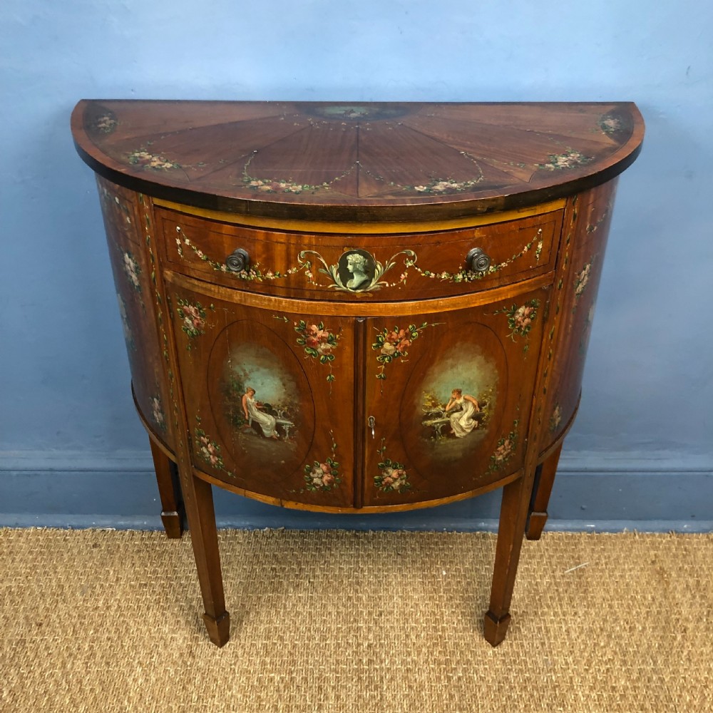 A late Victorian satinwood and painted demi lune commode circa 1890 View II