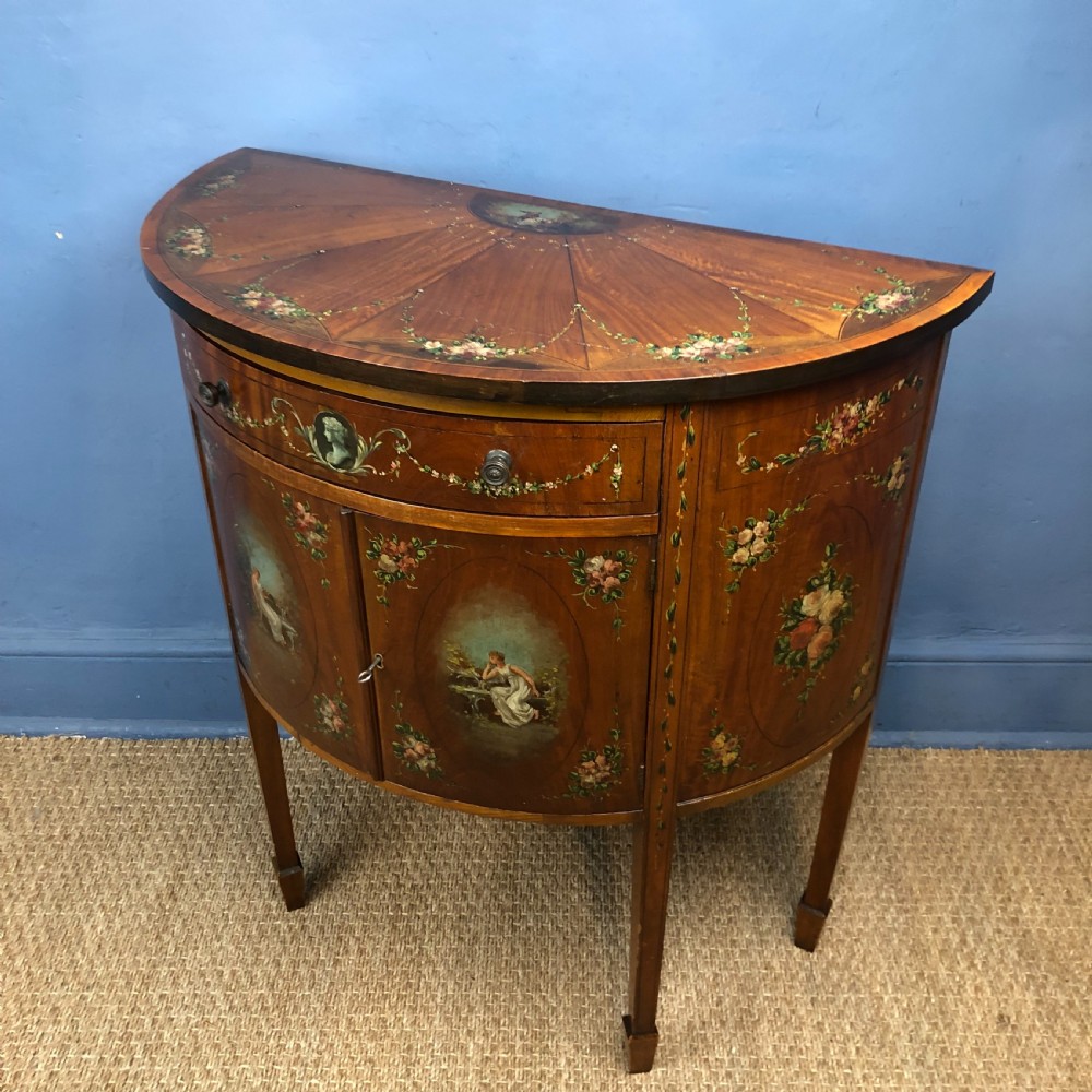 A late Victorian satinwood and painted demi lune commode circa 1890 View III